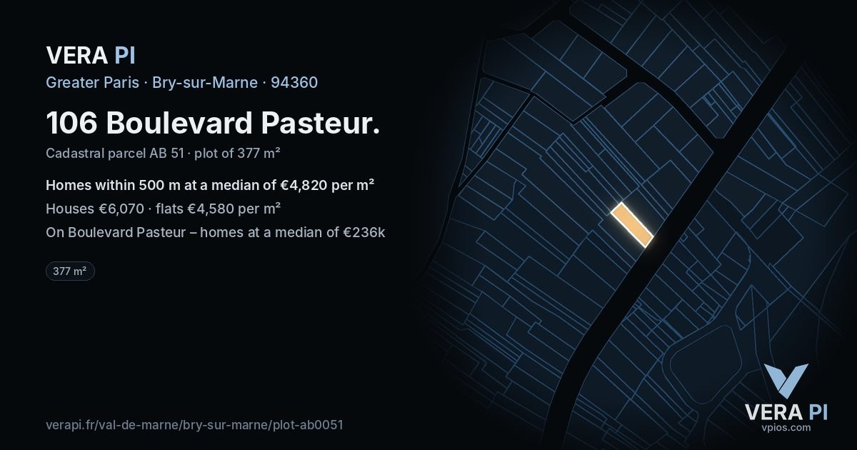 106 Boulevard Pasteur, Bry-sur-Marne at night – the plot lit, the parcels around coloured by the prices near them