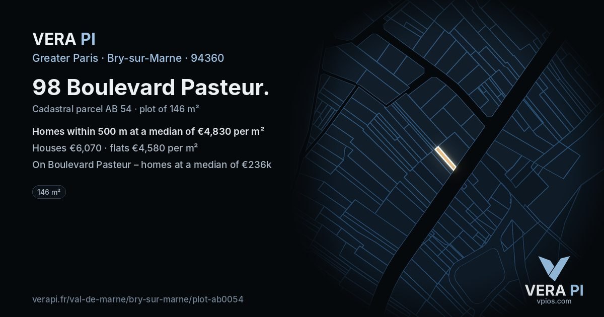 98 Boulevard Pasteur, Bry-sur-Marne at night – the plot lit, the parcels around coloured by the prices near them