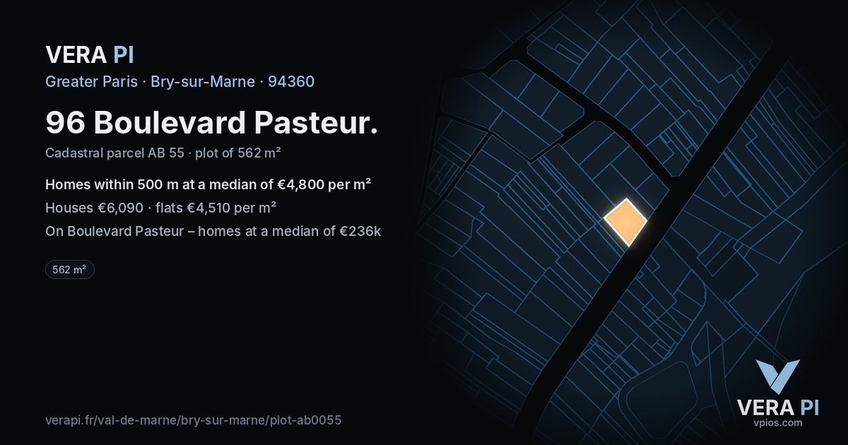 96 Boulevard Pasteur, Bry-sur-Marne at night – the plot lit, the parcels around coloured by the prices near them