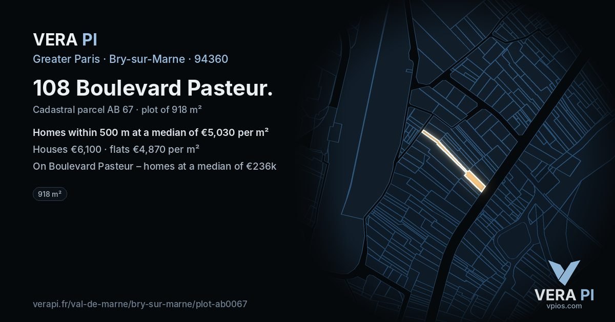 108 Boulevard Pasteur, Bry-sur-Marne at night – the plot lit, the parcels around coloured by the prices near them