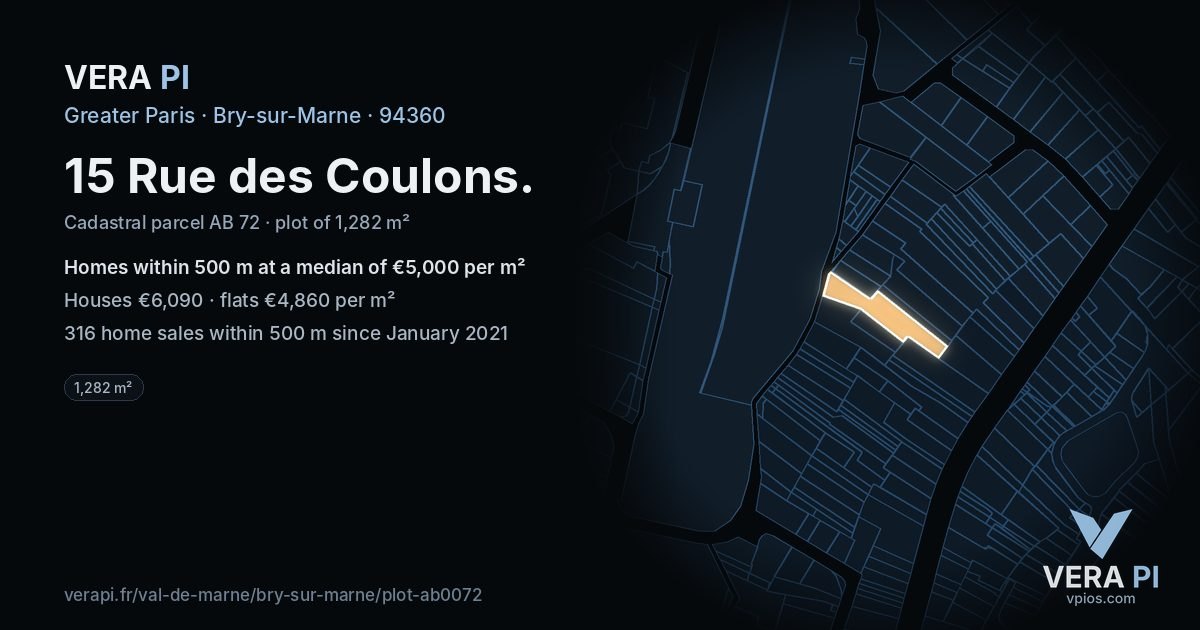15 Rue des Coulons, Bry-sur-Marne at night – the plot lit, the parcels around coloured by the prices near them