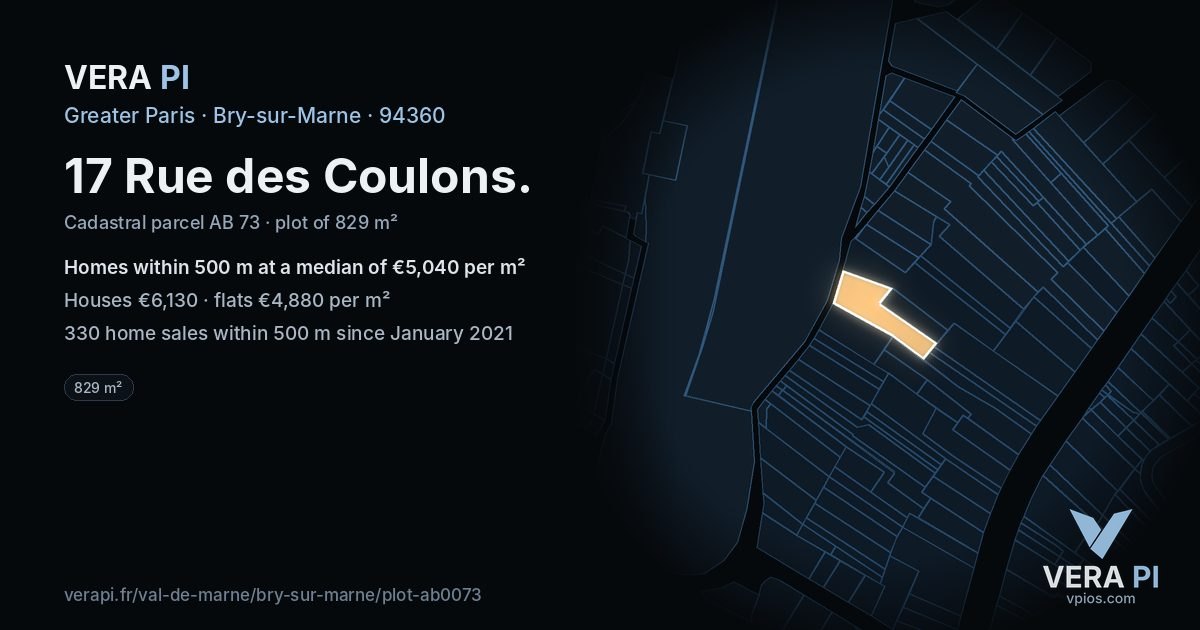 17 Rue des Coulons, Bry-sur-Marne at night – the plot lit, the parcels around coloured by the prices near them