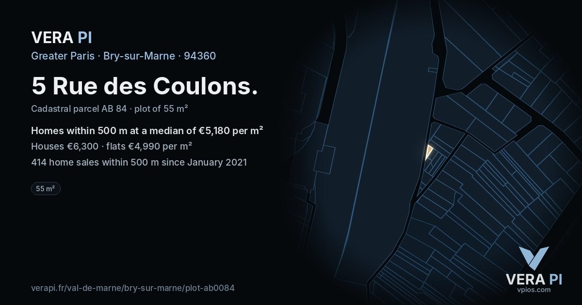 5 Rue des Coulons, Bry-sur-Marne at night – the plot lit, the parcels around coloured by the prices near them
