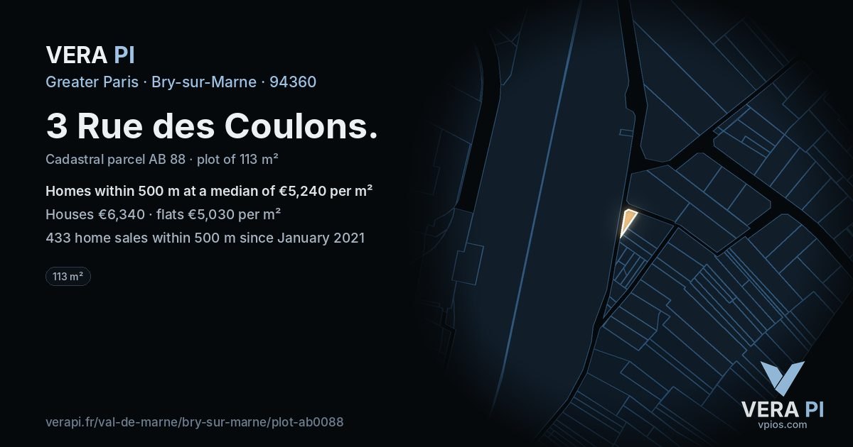 3 Rue des Coulons, Bry-sur-Marne at night – the plot lit, the parcels around coloured by the prices near them