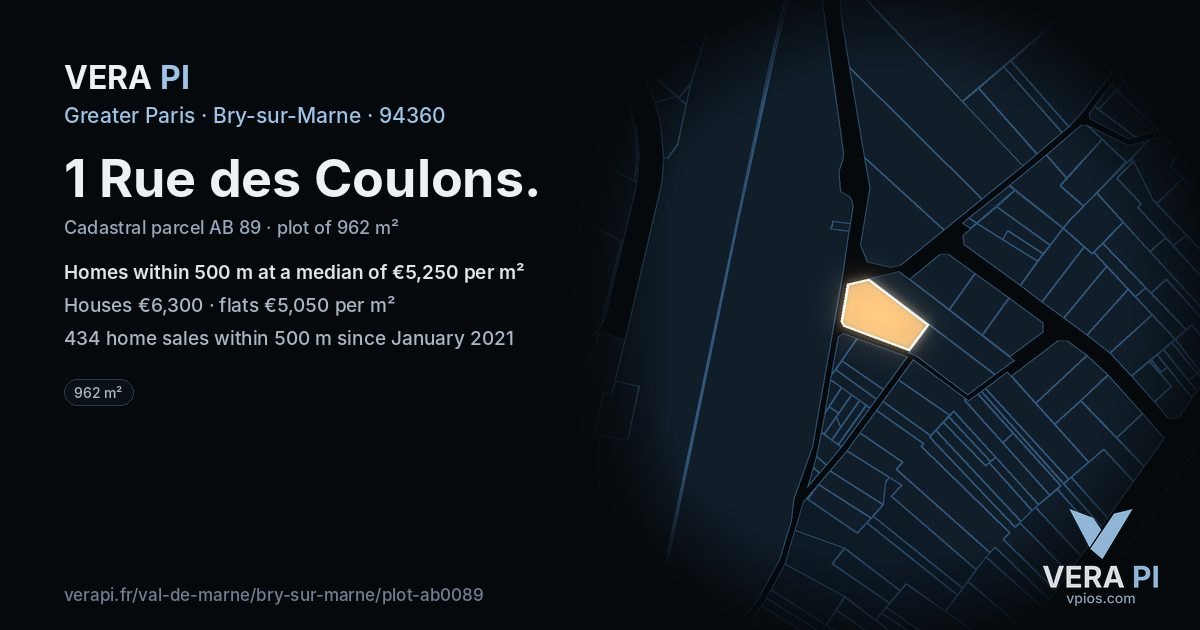 1 Rue des Coulons, Bry-sur-Marne at night – the plot lit, the parcels around coloured by the prices near them