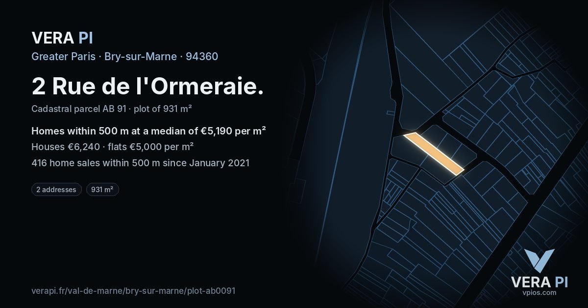 2 Rue de l'Ormeraie, Bry-sur-Marne at night – the plot lit, the parcels around coloured by the prices near them