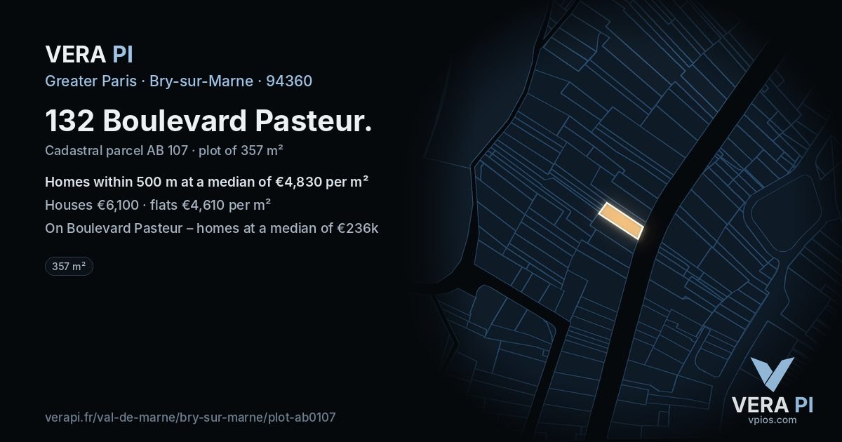 132 Boulevard Pasteur, Bry-sur-Marne at night – the plot lit, the parcels around coloured by the prices near them