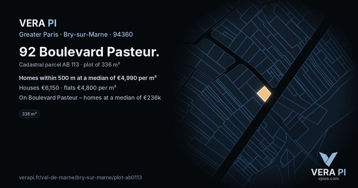 92 Boulevard Pasteur, Bry-sur-Marne at night – the plot lit, the parcels around coloured by the prices near them