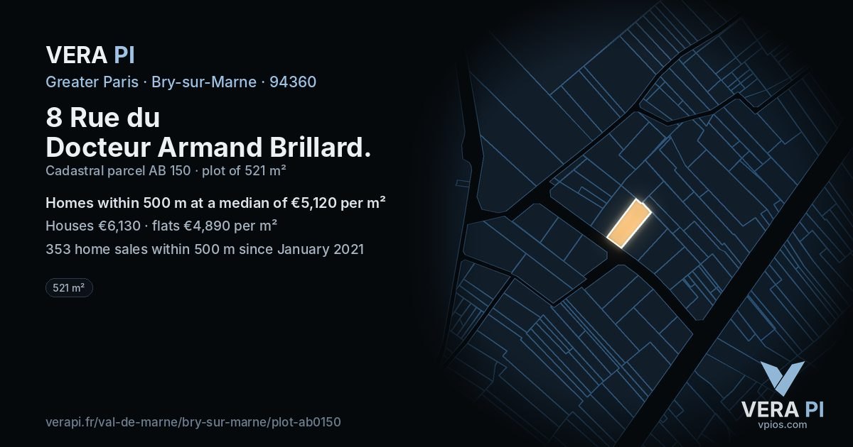 8 Rue du Docteur Armand Brillard, Bry-sur-Marne at night – the plot lit, the parcels around coloured by the prices near them