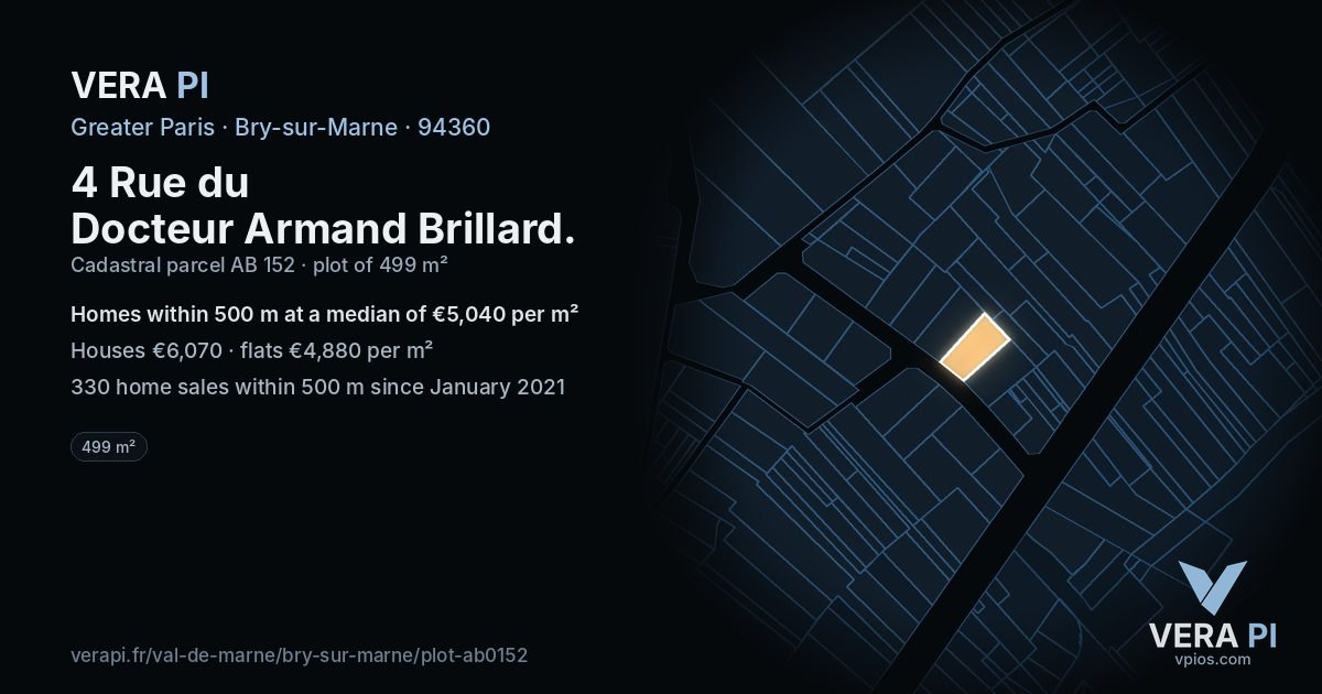 4 Rue du Docteur Armand Brillard, Bry-sur-Marne at night – the plot lit, the parcels around coloured by the prices near them