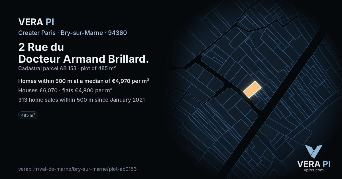 2 Rue du Docteur Armand Brillard, Bry-sur-Marne at night – the plot lit, the parcels around coloured by the prices near them