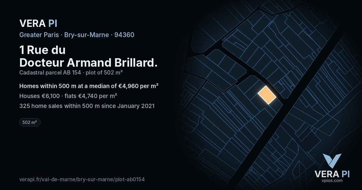 1 Rue du Docteur Armand Brillard, Bry-sur-Marne at night – the plot lit, the parcels around coloured by the prices near them