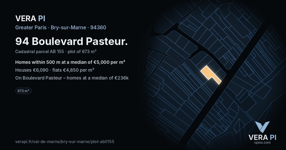94 Boulevard Pasteur, Bry-sur-Marne at night – the plot lit, the parcels around coloured by the prices near them