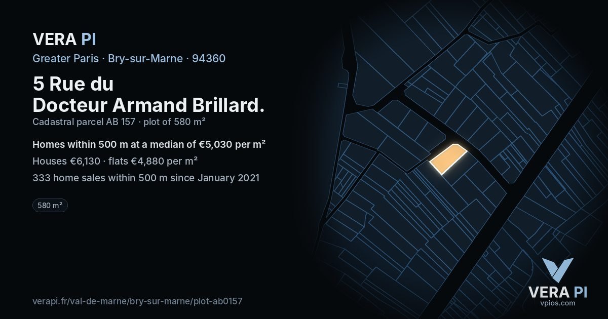 5 Rue du Docteur Armand Brillard, Bry-sur-Marne at night – the plot lit, the parcels around coloured by the prices near them
