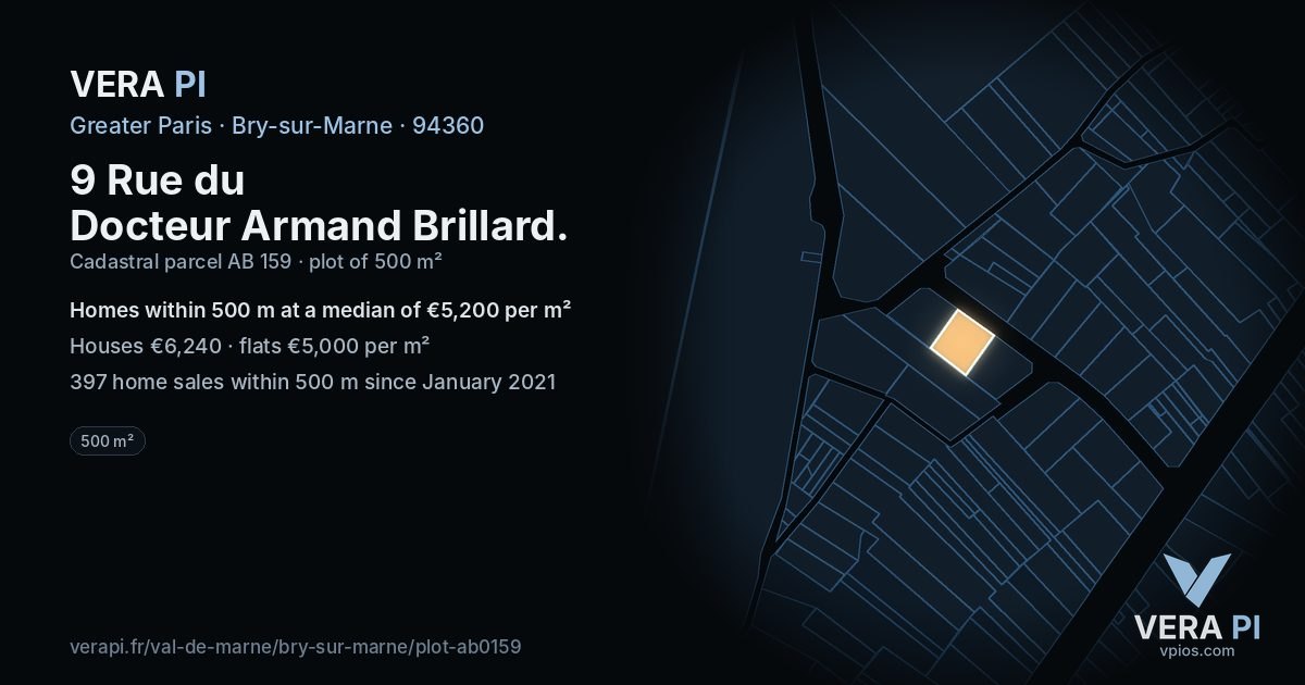 9 Rue du Docteur Armand Brillard, Bry-sur-Marne at night – the plot lit, the parcels around coloured by the prices near them