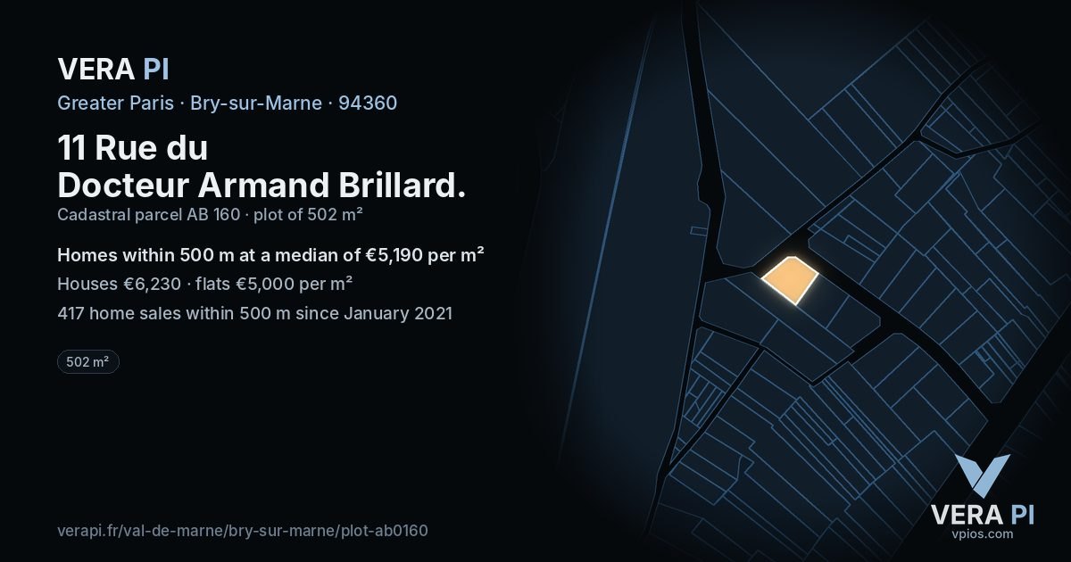 11 Rue du Docteur Armand Brillard, Bry-sur-Marne at night – the plot lit, the parcels around coloured by the prices near them