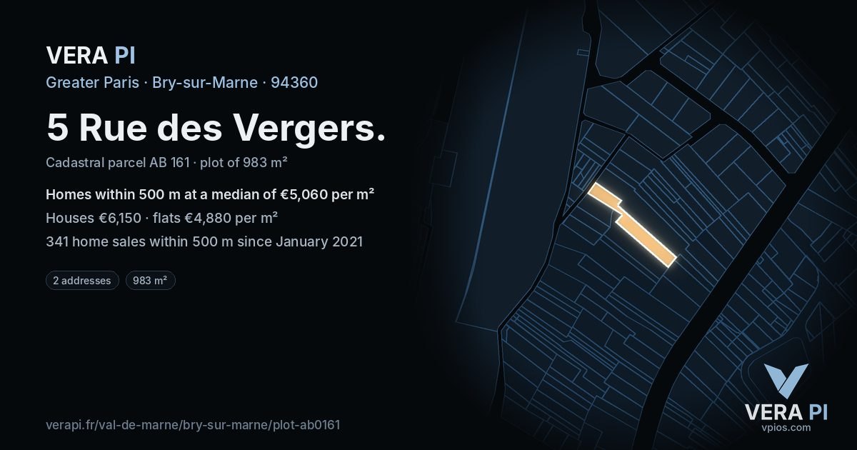 5 Rue des Vergers, Bry-sur-Marne at night – the plot lit, the parcels around coloured by the prices near them