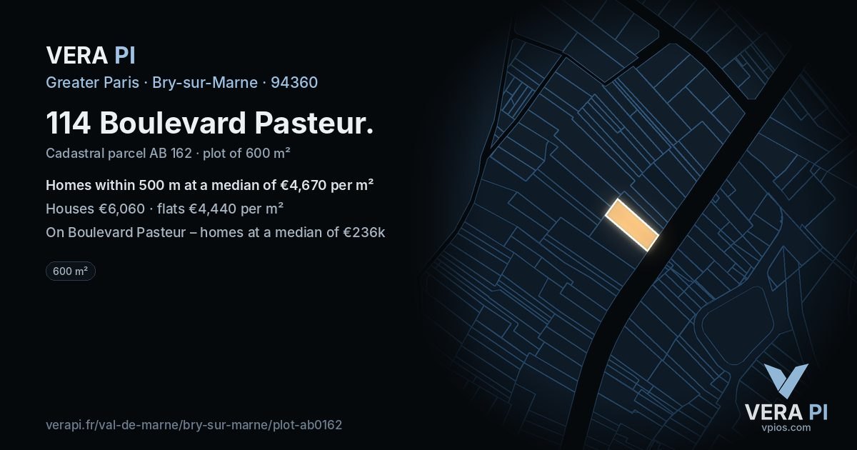 114 Boulevard Pasteur, Bry-sur-Marne at night – the plot lit, the parcels around coloured by the prices near them