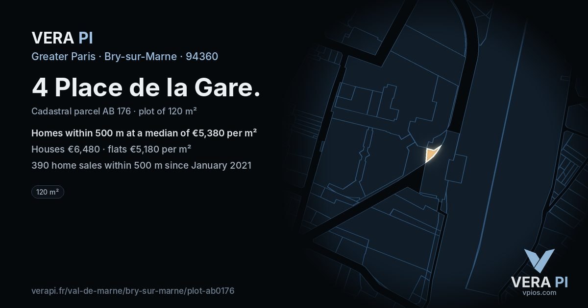 4 Place de la Gare, Bry-sur-Marne at night – the plot lit, the parcels around coloured by the prices near them