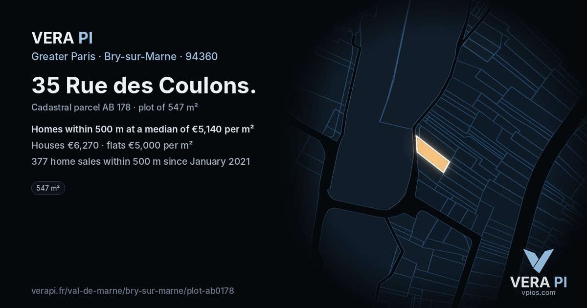 35 Rue des Coulons, Bry-sur-Marne at night – the plot lit, the parcels around coloured by the prices near them