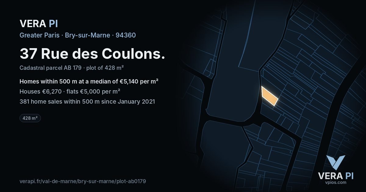 37 Rue des Coulons, Bry-sur-Marne at night – the plot lit, the parcels around coloured by the prices near them