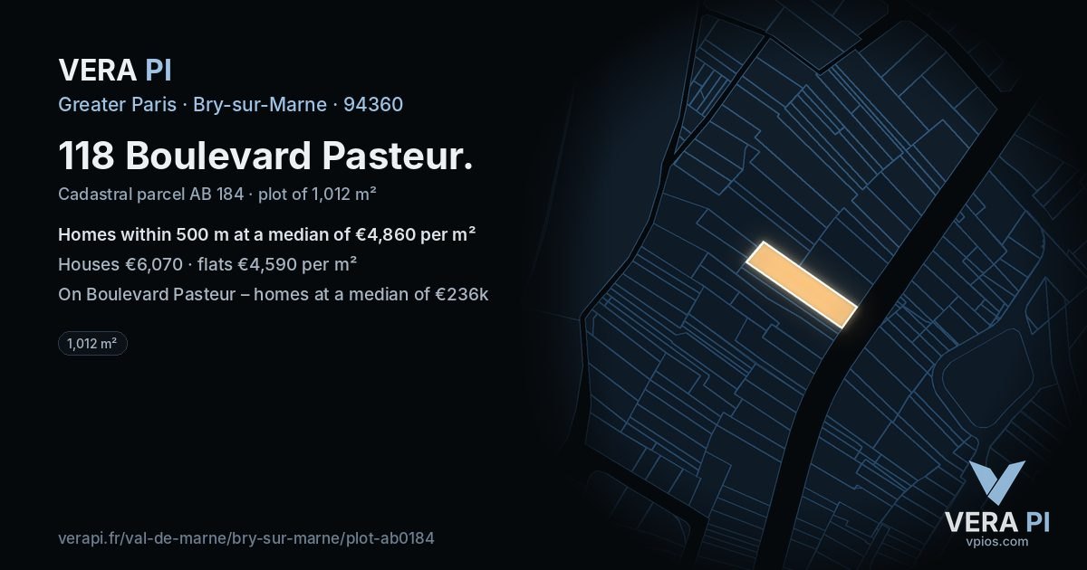 118 Boulevard Pasteur, Bry-sur-Marne at night – the plot lit, the parcels around coloured by the prices near them
