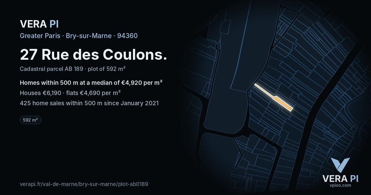 27 Rue des Coulons, Bry-sur-Marne at night – the plot lit, the parcels around coloured by the prices near them