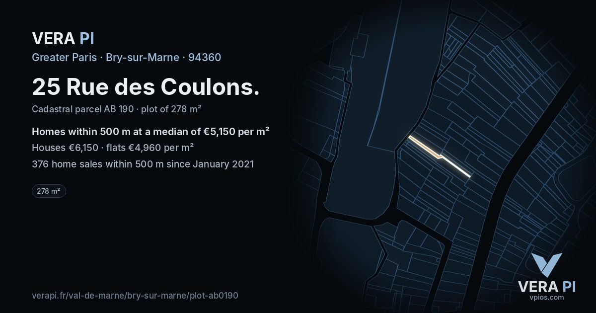 25 Rue des Coulons, Bry-sur-Marne at night – the plot lit, the parcels around coloured by the prices near them