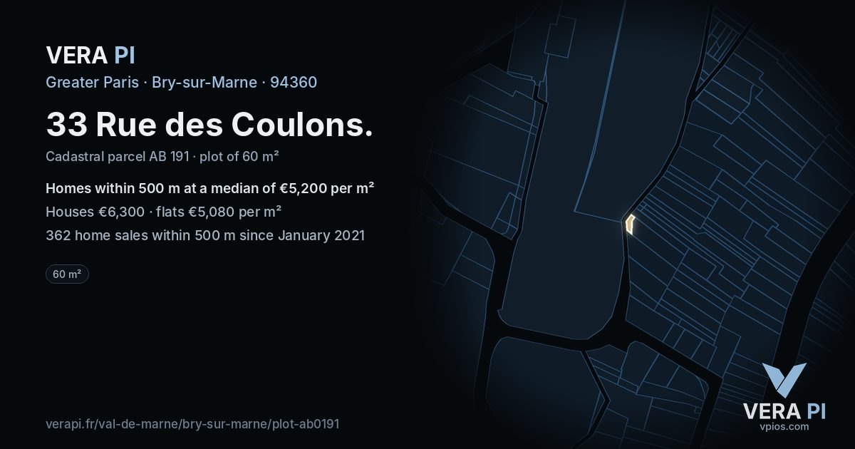 33 Rue des Coulons, Bry-sur-Marne at night – the plot lit, the parcels around coloured by the prices near them