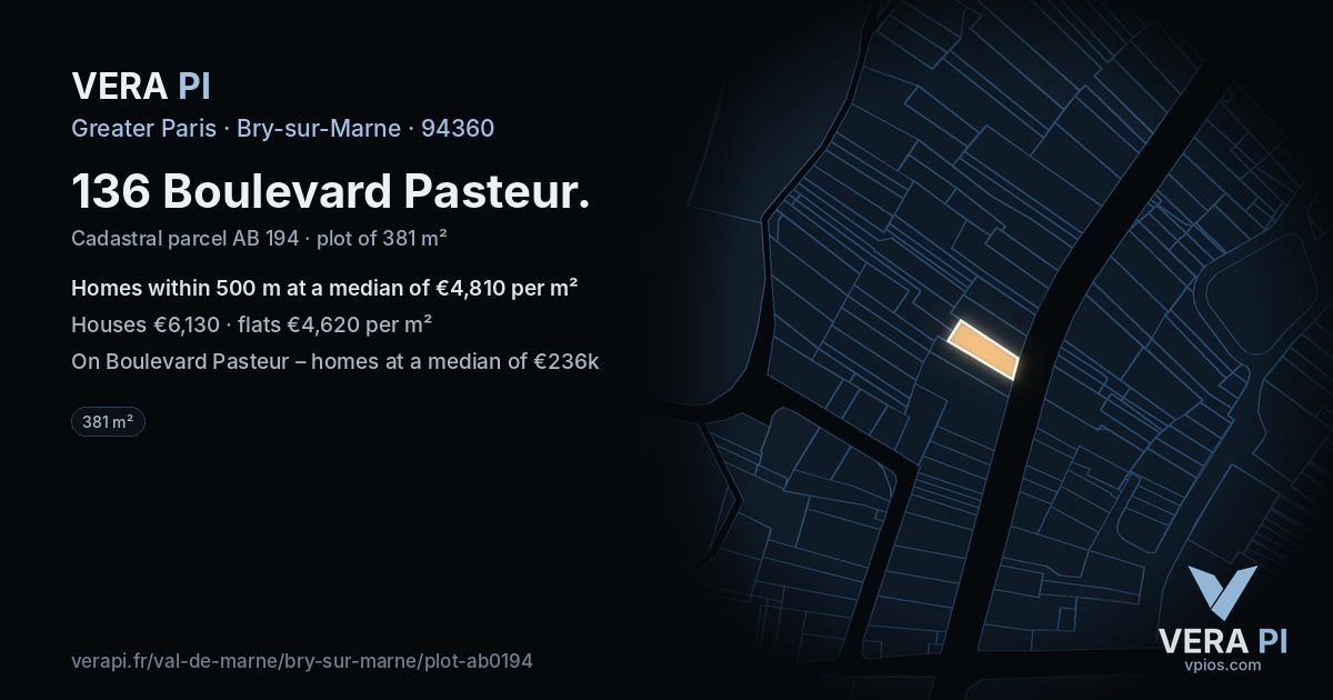 136 Boulevard Pasteur, Bry-sur-Marne at night – the plot lit, the parcels around coloured by the prices near them