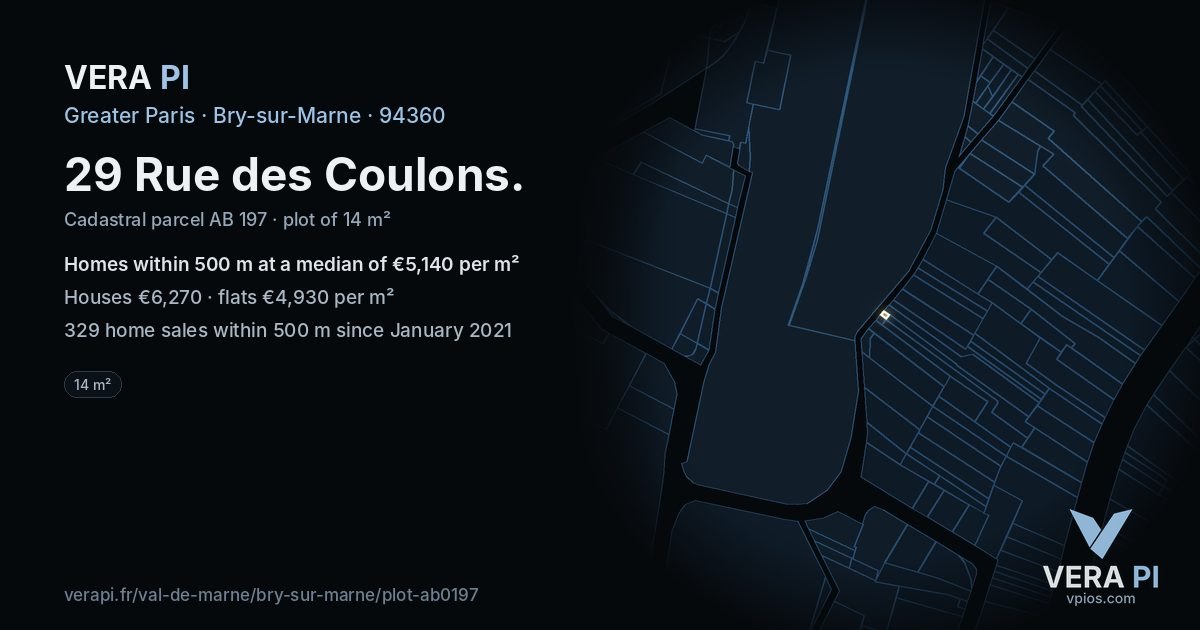 29 Rue des Coulons, Bry-sur-Marne at night – the plot lit, the parcels around coloured by the prices near them