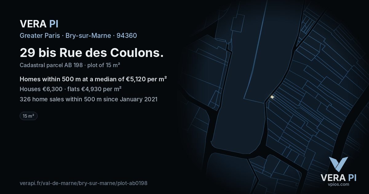 29 bis Rue des Coulons, Bry-sur-Marne at night – the plot lit, the parcels around coloured by the prices near them