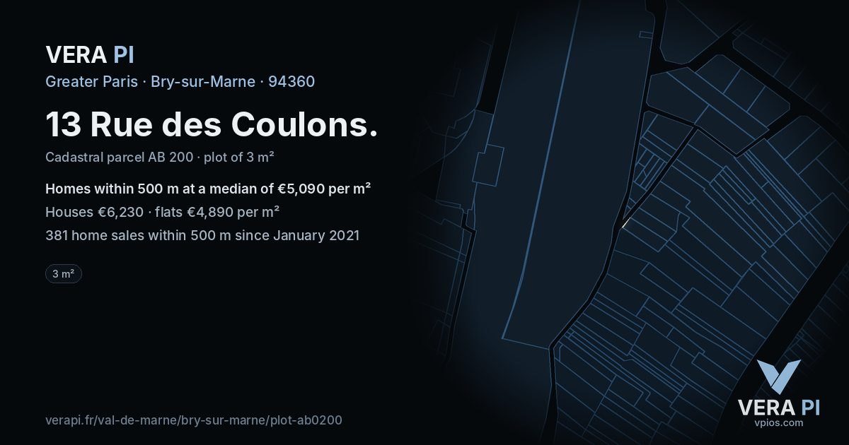13 Rue des Coulons, Bry-sur-Marne at night – the plot lit, the parcels around coloured by the prices near them