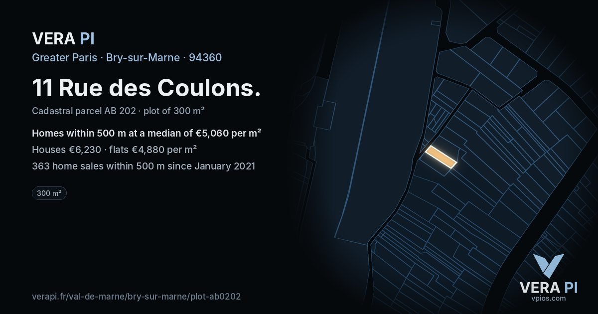 11 Rue des Coulons, Bry-sur-Marne at night – the plot lit, the parcels around coloured by the prices near them