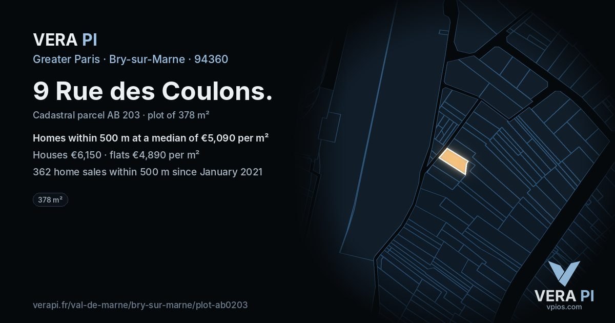 9 Rue des Coulons, Bry-sur-Marne at night – the plot lit, the parcels around coloured by the prices near them