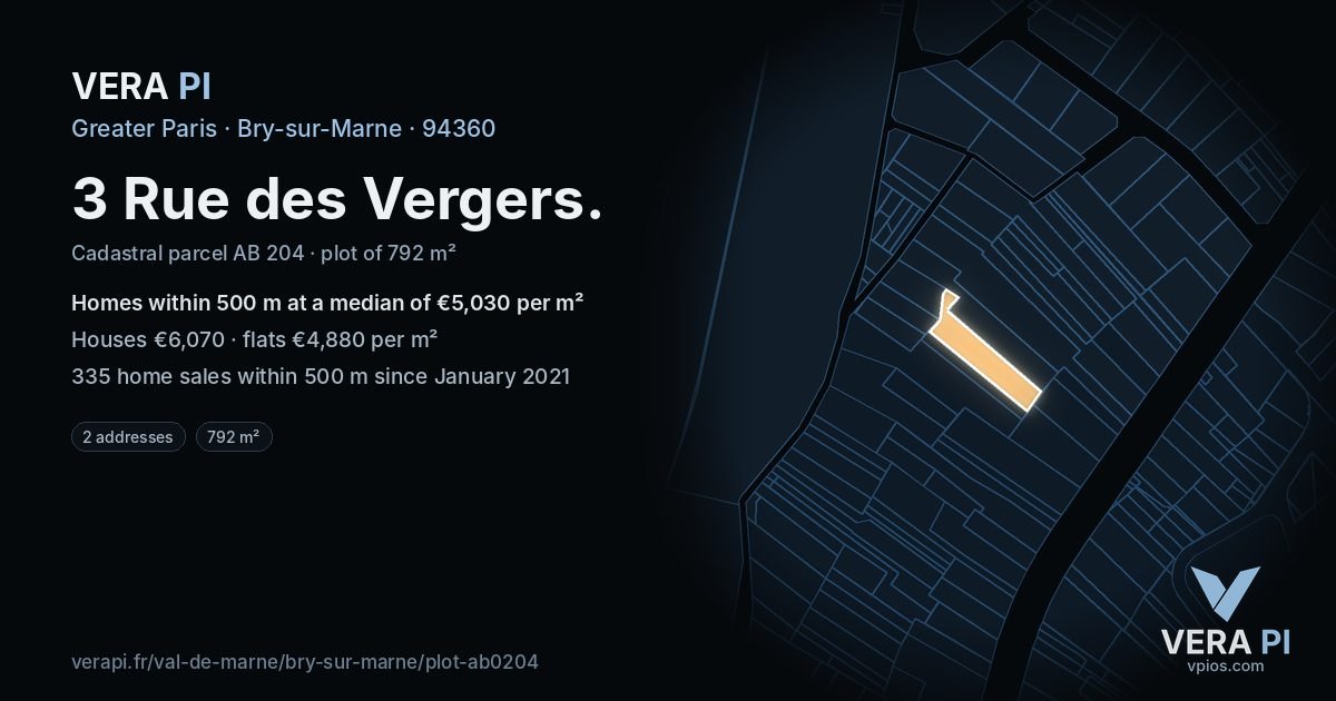 3 Rue des Vergers, Bry-sur-Marne at night – the plot lit, the parcels around coloured by the prices near them