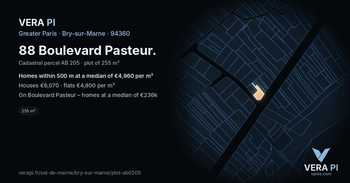88 Boulevard Pasteur, Bry-sur-Marne at night – the plot lit, the parcels around coloured by the prices near them