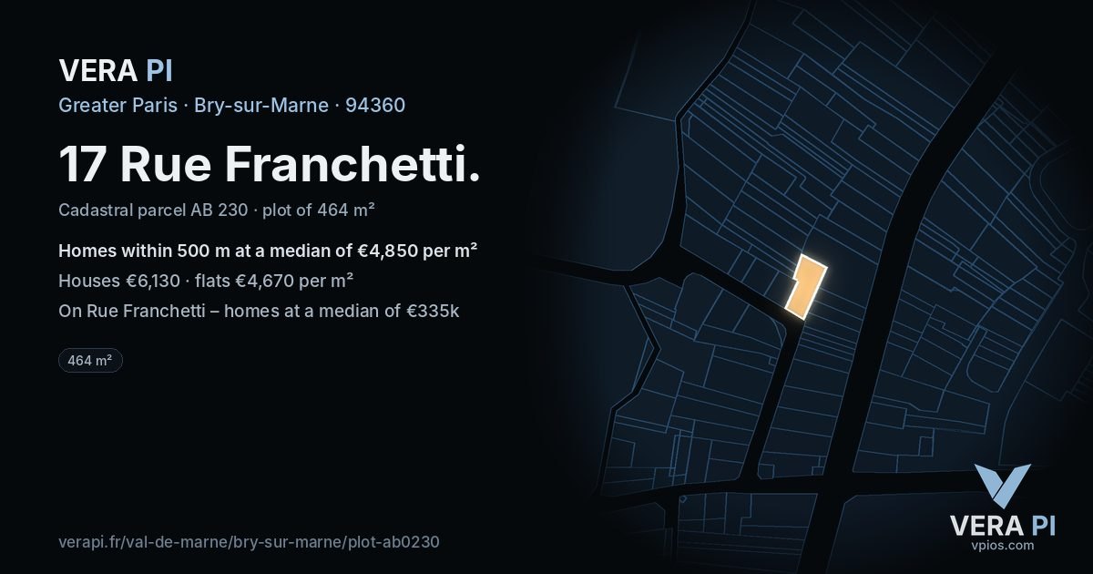 17 Rue Franchetti, Bry-sur-Marne at night – the plot lit, the parcels around coloured by the prices near them