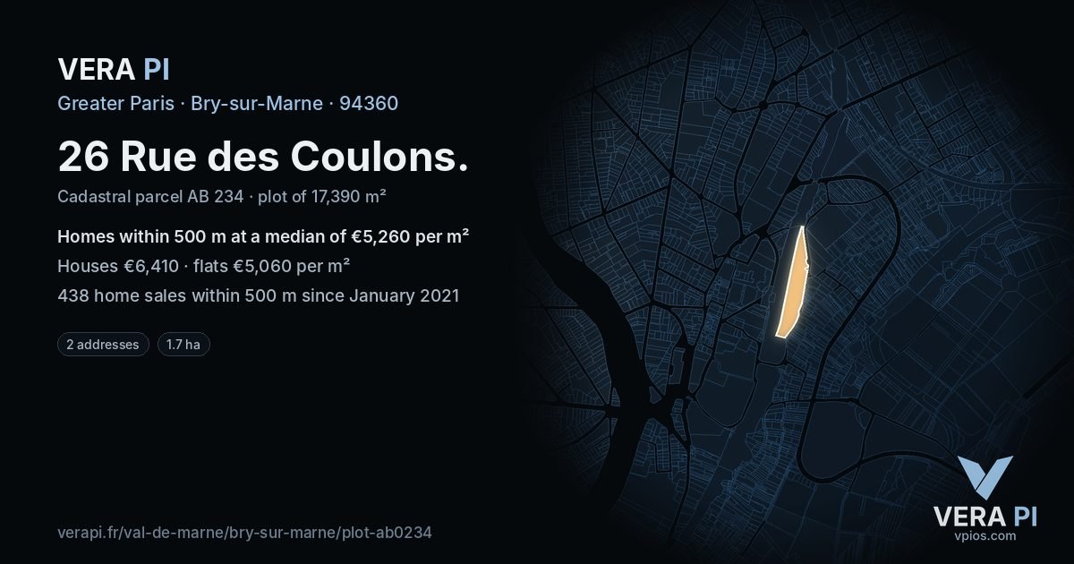 26 Rue des Coulons, Bry-sur-Marne at night – the plot lit, the parcels around coloured by the prices near them