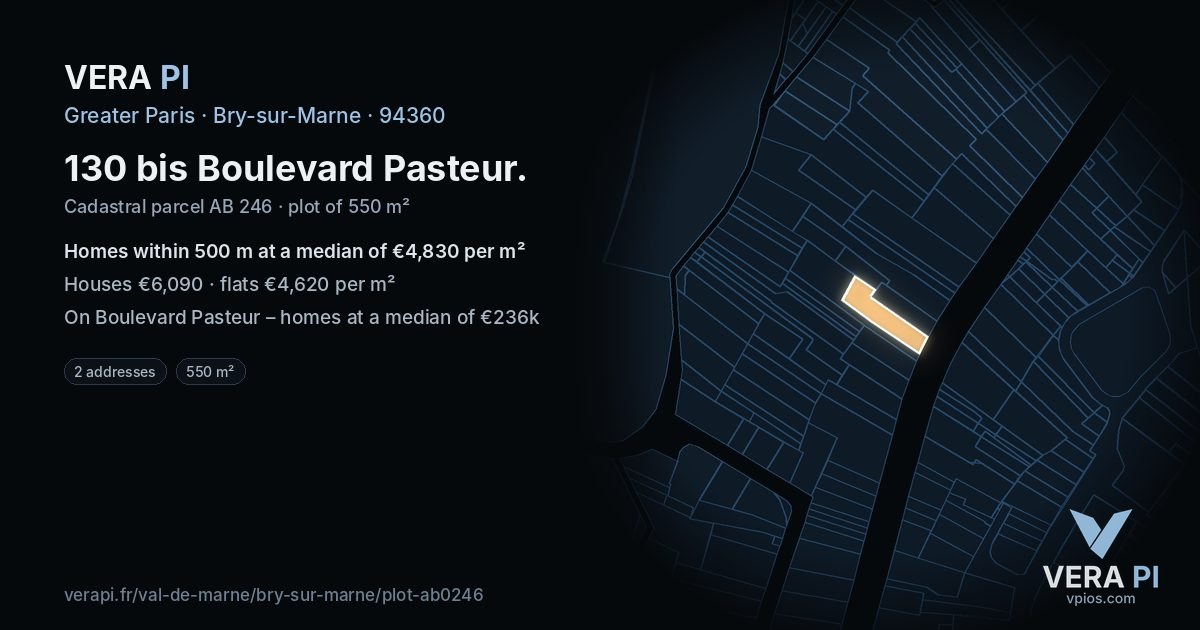 130 bis Boulevard Pasteur, Bry-sur-Marne at night – the plot lit, the parcels around coloured by the prices near them