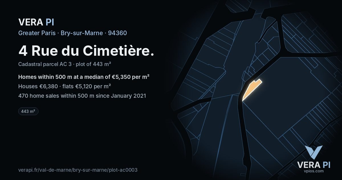 4 Rue du Cimetière, Bry-sur-Marne at night – the plot lit, the parcels around coloured by the prices near them