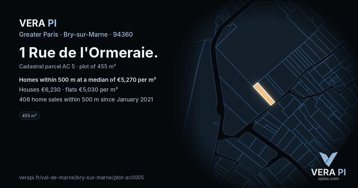 1 Rue de l'Ormeraie, Bry-sur-Marne at night – the plot lit, the parcels around coloured by the prices near them