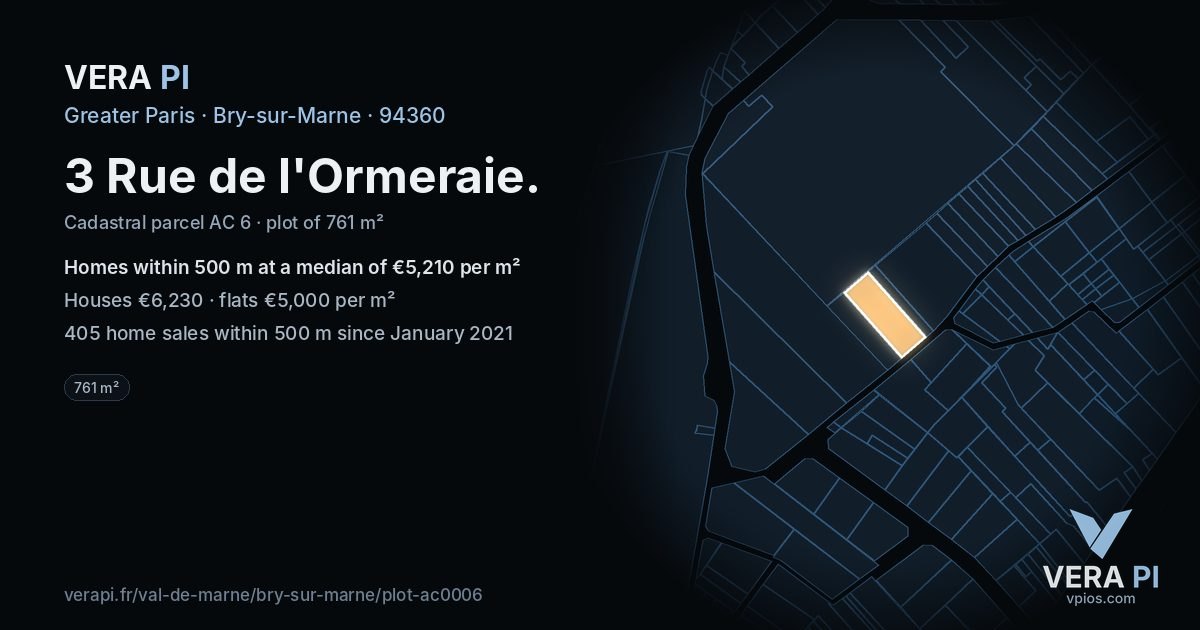 3 Rue de l'Ormeraie, Bry-sur-Marne at night – the plot lit, the parcels around coloured by the prices near them