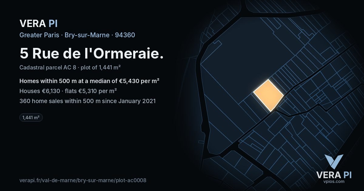 5 Rue de l'Ormeraie, Bry-sur-Marne at night – the plot lit, the parcels around coloured by the prices near them