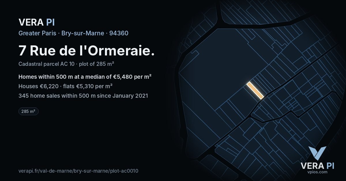 7 Rue de l'Ormeraie, Bry-sur-Marne at night – the plot lit, the parcels around coloured by the prices near them