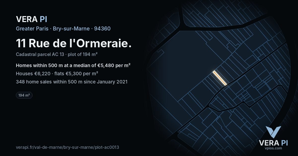 11 Rue de l'Ormeraie, Bry-sur-Marne at night – the plot lit, the parcels around coloured by the prices near them