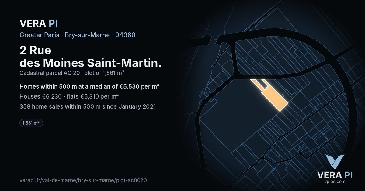 2 Rue des Moines Saint-Martin, Bry-sur-Marne at night – the plot lit, the parcels around coloured by the prices near them