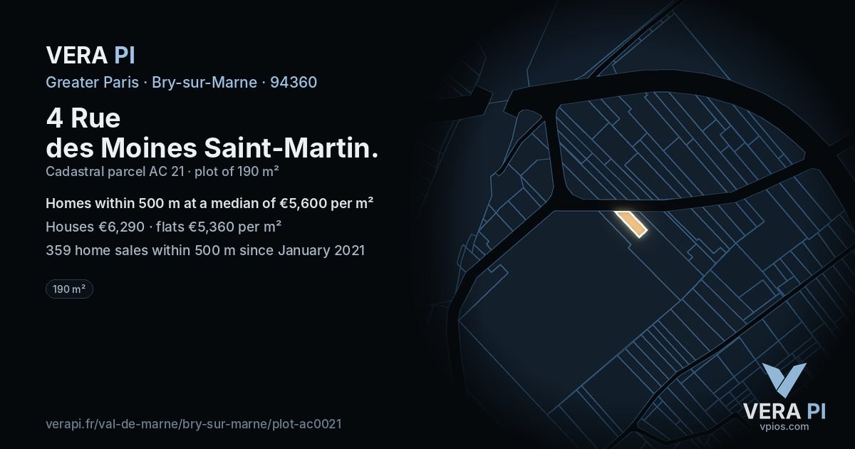 4 Rue des Moines Saint-Martin, Bry-sur-Marne at night – the plot lit, the parcels around coloured by the prices near them