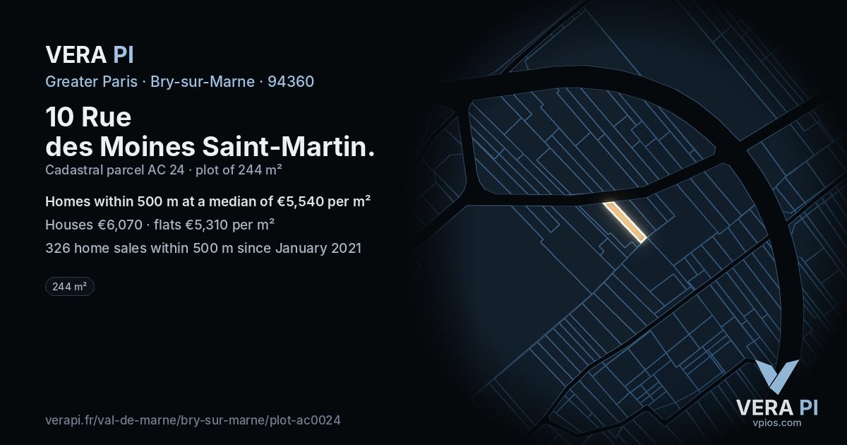 10 Rue des Moines Saint-Martin, Bry-sur-Marne at night – the plot lit, the parcels around coloured by the prices near them