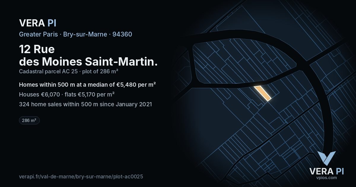 12 Rue des Moines Saint-Martin, Bry-sur-Marne at night – the plot lit, the parcels around coloured by the prices near them